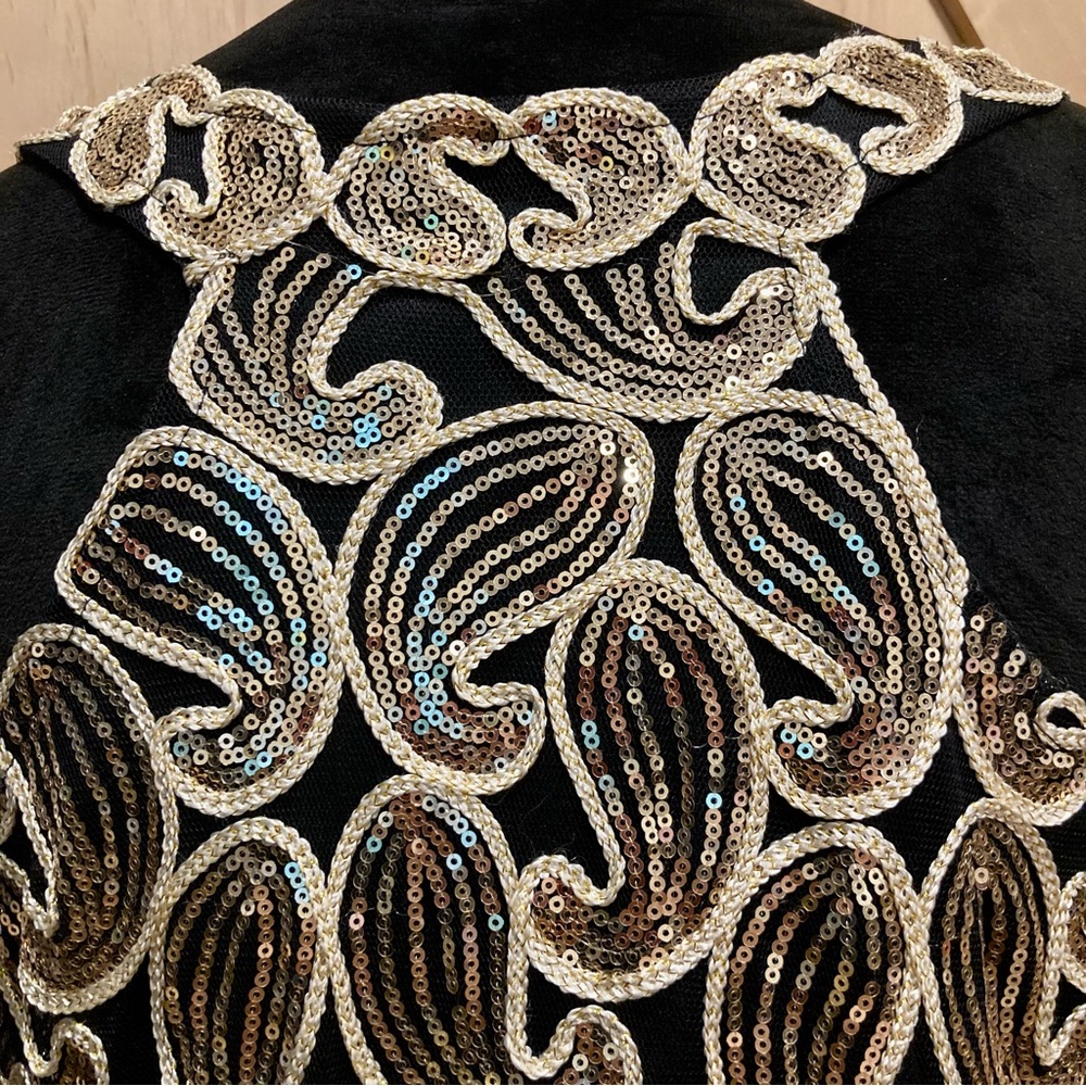Black and Gold Sleeveless Sheath Dress Fringe Paisley Sequins - Picture 10 of 15